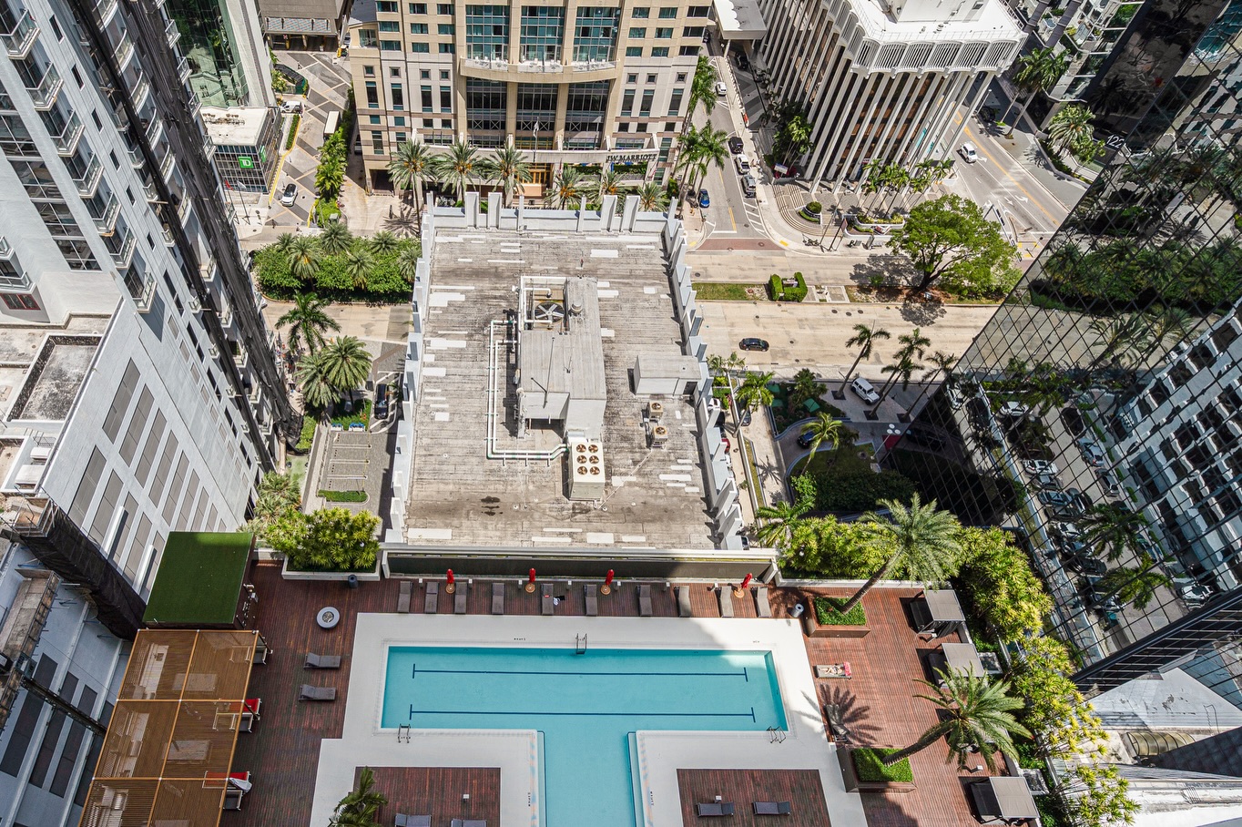 Aerial top-down view of pool deck, Brickell Miami